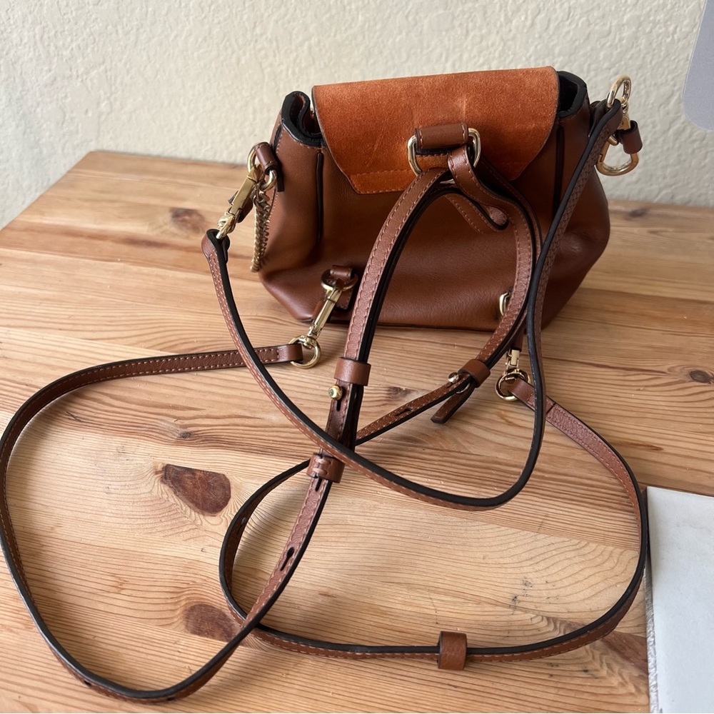 Chloe Faye Mini Backpack Tobacco Brown Suede Leather Gold Circle Hardware - Picture 6 of 15